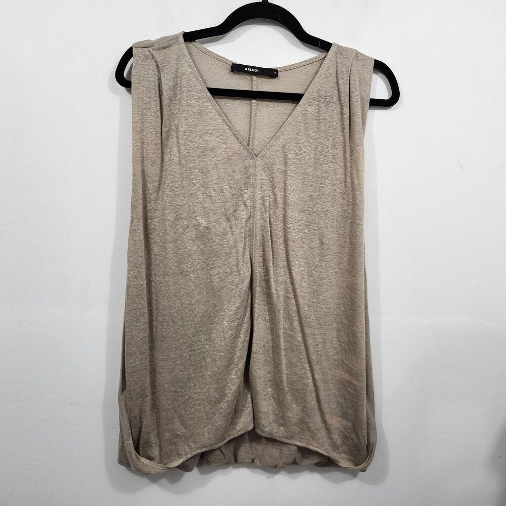 Amadi Sleeveless V-neck Knit Top Relaxed Draped Fit Linen Heathered Tan Size S